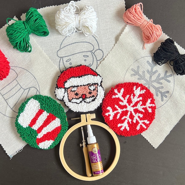 Punch Needle Coaster Kit | Christmas Holiday DIY Mug Rug Craft Gift Set | All Materials Included | Tufted Ornament, Handmade Wall Art Bauble