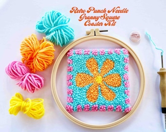 PUNCH Needle Coaster Kit Punch Needle Mug Rug Kit, Retro Daisy Granny Square DYI Adult Craft Kit Beginner Punch Needle Set DYI Gifts Sets