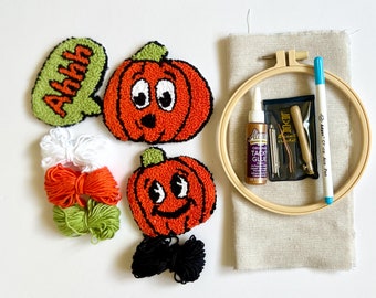 Retro Pumpkin Mug Rug Punch needle kit, Halloween DIY Coaster Craft Gift Set, Adult Craft Kit, Halloween Needle Mascot Punching Craft Set