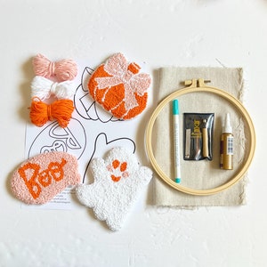 Halloween Mug Rug Punch needle kit, BEGINNER DIY Coaster Craft Gift Set, Adult Craft Kit, Pastel Halloween Needle Punching Craft Set