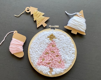 Christmas Punch Needle Embroidery Gift Kit, Pink Tree Wall Art Rug Hooking Set