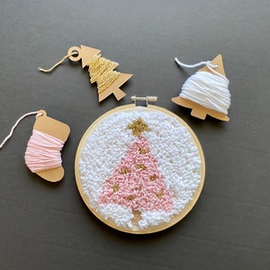 Christmas Punch Needle Embroidery Gift Kit, Pink Tree Wall Art Rug Hooking Set image 1