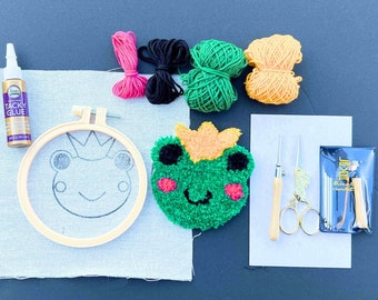 Punch Needle Coaster Kit Fuzzy Frog Mini Magnet Rug Kit | BEGINNER DIY Mug Rug Coaster Magnet | Bright Toad Crown | Includes everything need