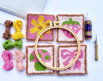 BEGINNER PUNCH Needle Coaster Kit Punch Needle Mug Rug Kit, Mushroom DYI Adult Craft Kit Punch Needle Set Crafter Gift Kit All Included
