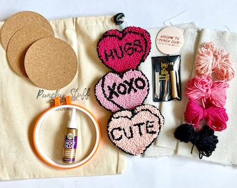 Punch Needle Mug Rug Coaster Kit | BEGINNER DIY Craft Gift Set | Valentine Candy Conversation Hearts | Adult or Kids Craft Kit | Easy Start