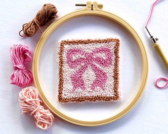 PUNCH NEEDLE Coaster Kit Punch Needle Mug Rug Kit, Cottagecore DYI Adult Craft Kit Beginner Punch Needle Set, Bow Strawberry Daisy Mushroom