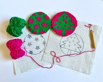 Punch Needle Coaster Kit | 2PC Christmas Holiday DIY Mug Rug Craft Gift Set | Adult Craft Kit  Cute Ornament, Handmade Bauble | Pink Green