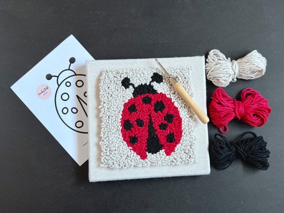 Ladybug Punch Needle Embroidery Mini Kit | BEGINNER DIY Craft for Kids, Adults | All Materials Included | Woodland Aesthetic Wall Art