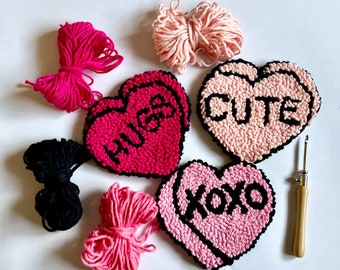 PUNCH NEEDLE Rug Coaster Kit | Beginner DIY Craft Gift Set | Valentine Candy Conversation Hearts | Craft Kit for Adults and Kids | Mini Rugs