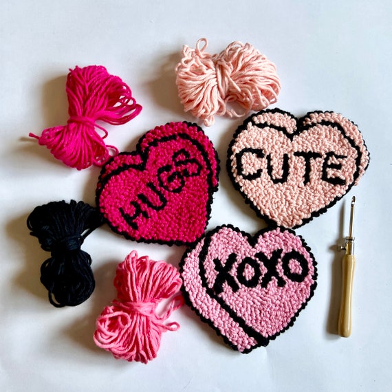 PUNCH NEEDLE Rug Coaster Kit | Beginner DIY Craft Gift Set | Valentine Candy Conversation Hearts | Craft Kit for Adults and Kids | Mini Rugs