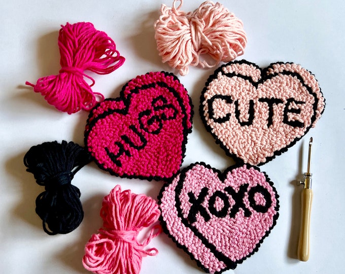 Featured listing image: PUNCH NEEDLE Rug Coaster Kit | Beginner DIY Craft Gift Set | Valentine Candy Conversation Hearts | Craft Kit for Adults and Kids | Mini Rugs