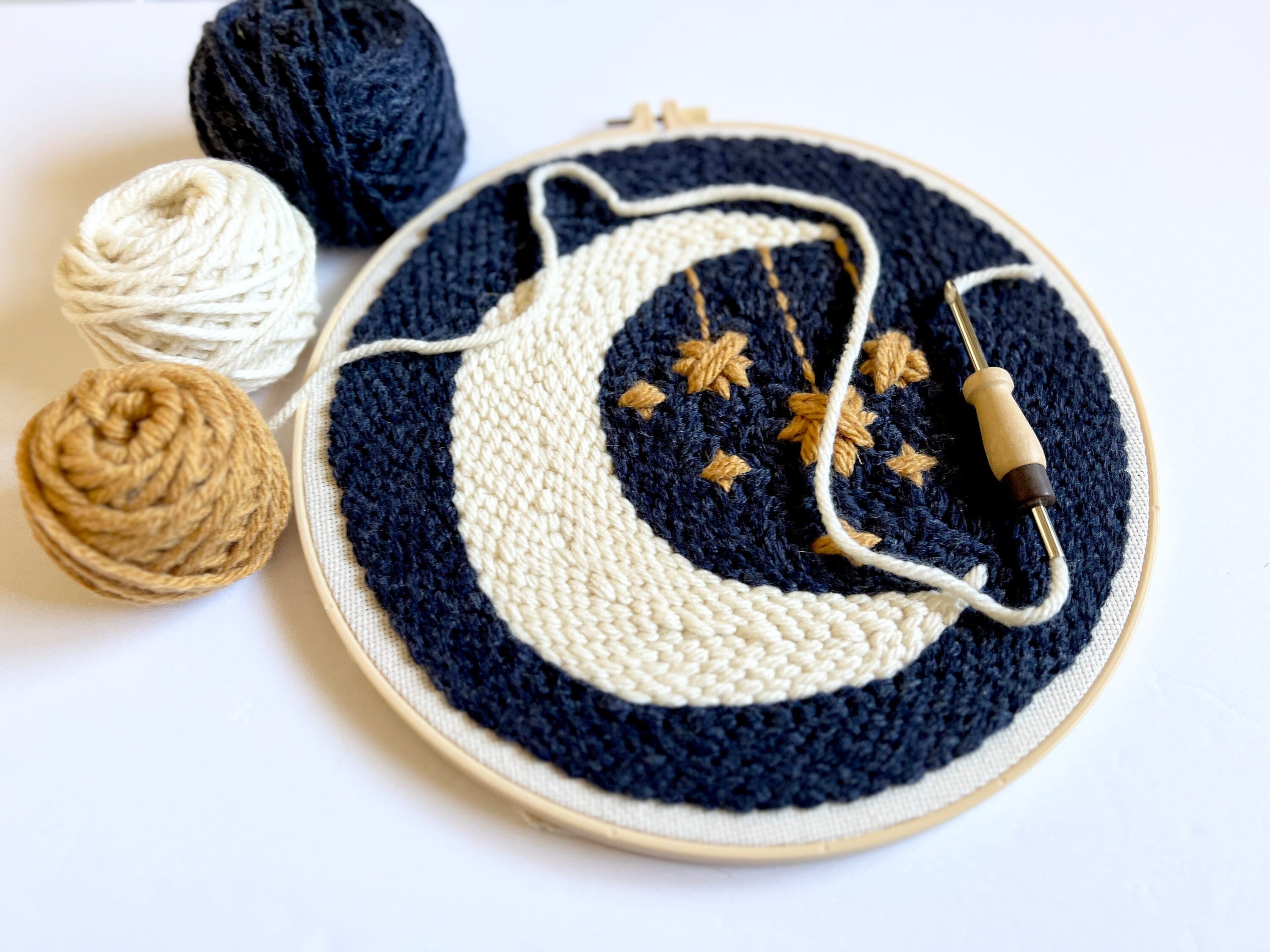 Beginner Punch Needle Embroidery Kit Stars and Moon Celestial Theme