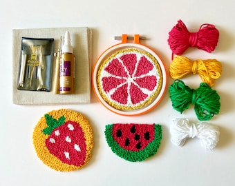 DIY PUNCH NEEDLE Coaster Mug Rug Kit | Bright Summer Fruit Aesthetic Patterns | Adult and Kid Craft Kit | Beginner Starter Set | Magnets