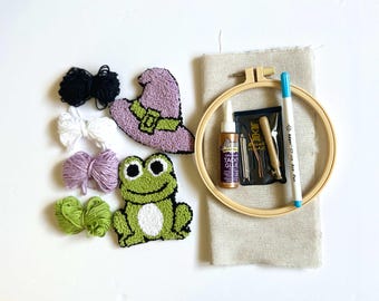 Frog Mug Rug PUNCH NEEDLE KIT Halloween Witch Hat dIY Coaster Craft Gift Set, Adult Craft Kit, Handmade Halloween Needle Punching Craft Set