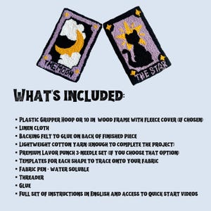 May include: Two purple and yellow felt punch needle kits with the words "The Moon" and "The Star" on them. The kits include a plastic gripper hoop, linen cloth, backing felt, yarn, templates, a fabric pen, a threader, glue, and instructions.