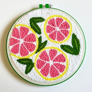 10 inch green plastic embroidery hoop. Pink and yellow lemon slices with green leaves.