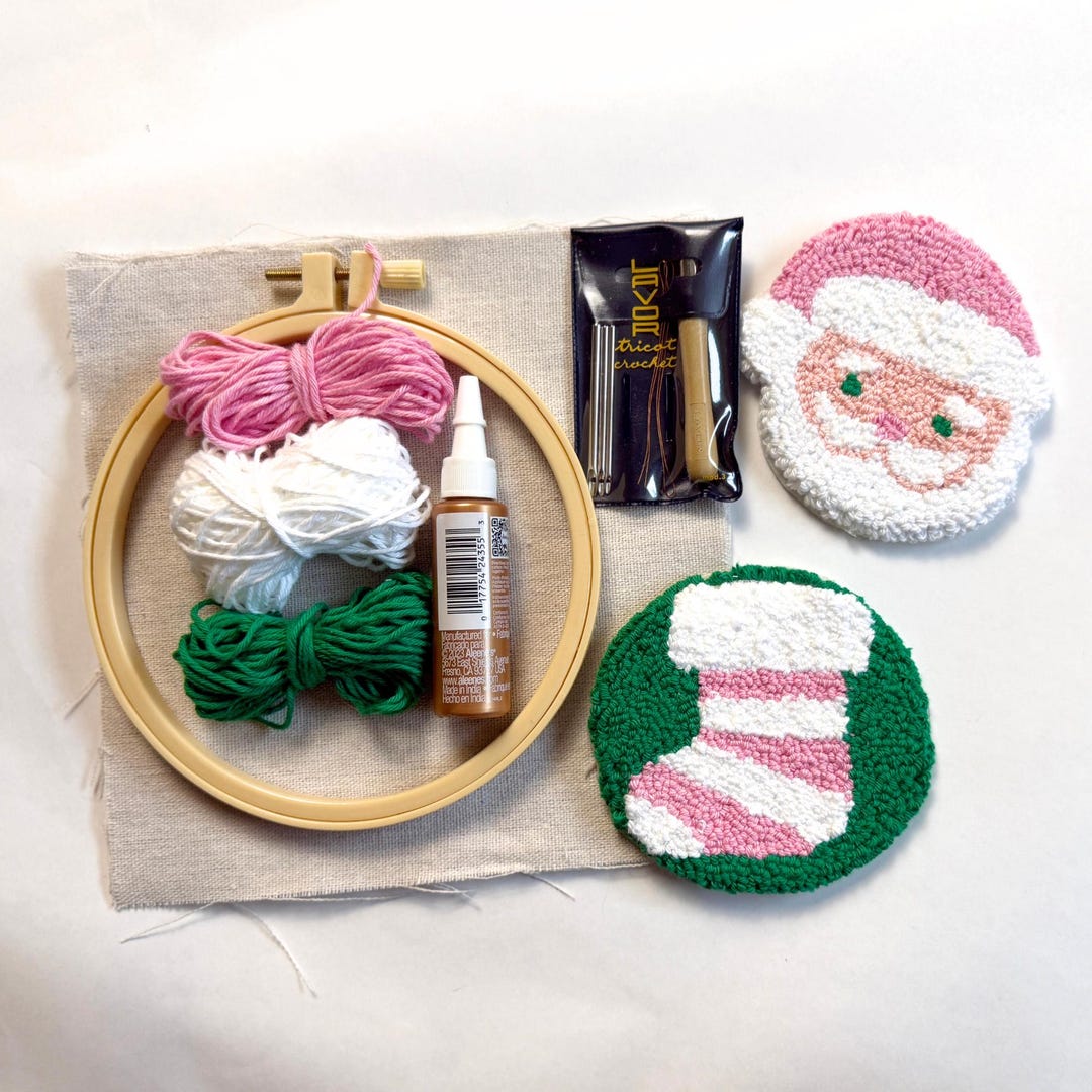 DIY Christmas Punch Needle Kit, Santa Stocking Mug Rug Coaster Set ...