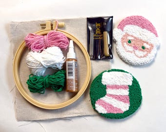 DIY Christmas Punch Needle Kit, Santa Stocking Mug Rug Coaster Set, Complete Beginner Craft Kit Supply ToolTutorial Holiday Decor Making Kit