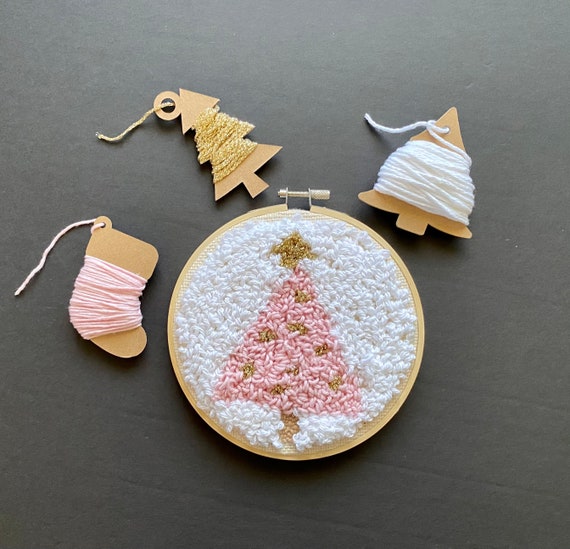 Christmas Punch Needle Embroidery Gift Kit, Pink Tree Wall Art Rug Hooking Set