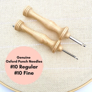 May include: Two wooden-handled punch needles, one labeled #10 Regular and the other #10 Fine. Genuine Oxford Punch Needles.