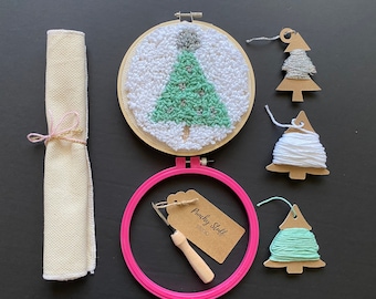 Holiday Punch Needle Embroidery Kit, Cute DIY Christmas Holiday Decor, Wall Art Craft Kit, Pastel Cotton Yarn, Adult or Kid DIY Craft