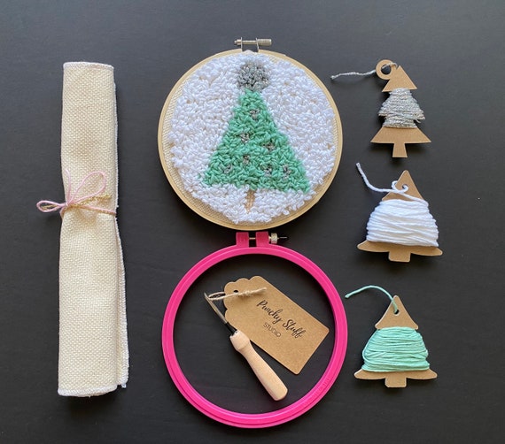Holiday Punch Needle Embroidery Kit, Cute DIY Christmas Holiday Decor, Wall Art Craft Kit, Pastel Cotton Yarn, Adult or Kid DIY Craft