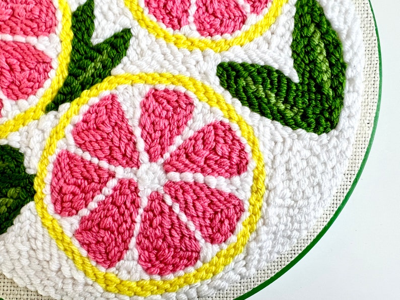 10 inch green plastic embroidery hoop. Pink and yellow lemon slices with green leaves.