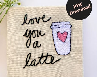 Latte Coffee Punch Needle Embroidery Pattern | Printable Template PDF | Instant Digital Download Gift | Winter Craft DIY