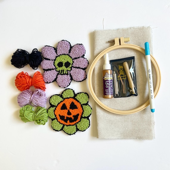 Retro Halloween Mug Rug Punch needle kit, Halloween DIY Coaster Craft Gift Set, Adult Craft Kit, Halloween Needle Mascot Punching Craft Set