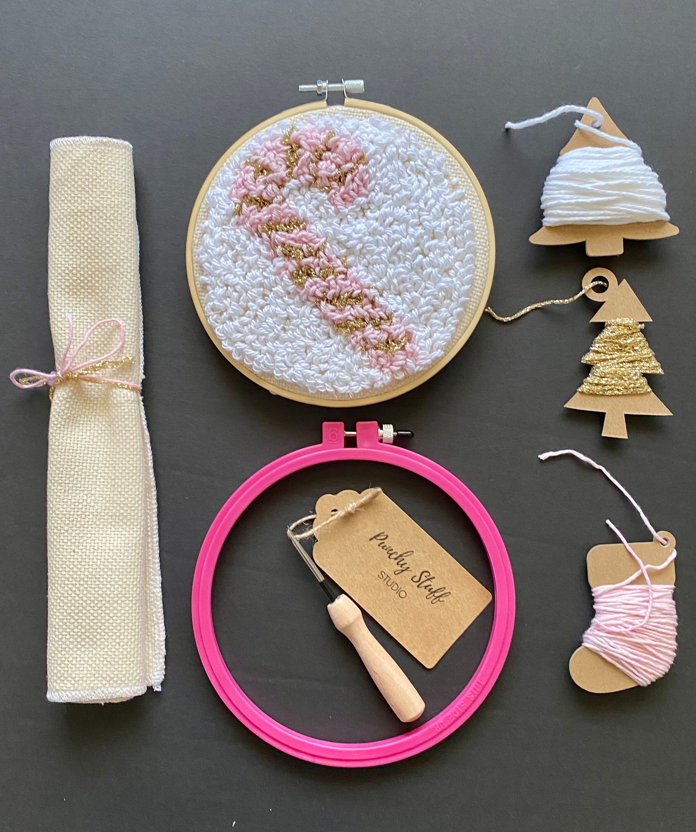 Christmas Punch Needle Embroidery Gift Set, Candy Cane Rug Hooking Kit