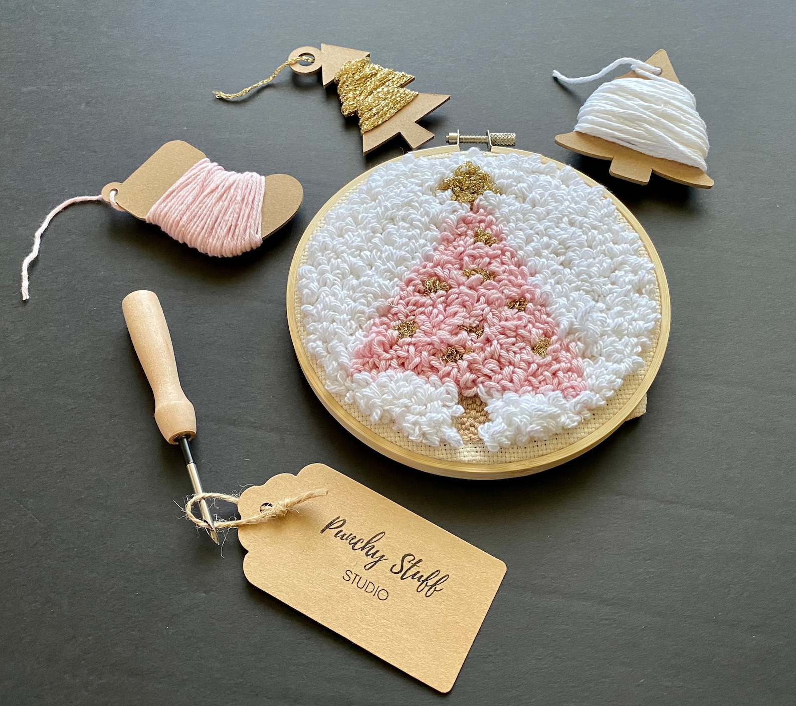 Christmas Punch Needle Embroidery Gift Kit Pink Tree Wall Art Etsy