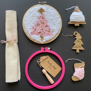 Christmas Punch Needle Embroidery Gift Kit, Pink Tree Wall Art Rug Hooking Set image 2