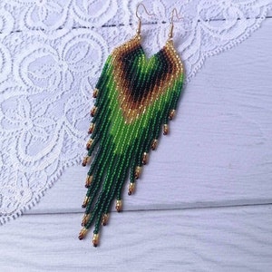 beaded earrings, green gold long earrings, fringed earrings, boho earrings, beaded earrings, handmade earrings
