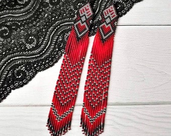 bead earrings, red very long earrings, extra long earrings, fringe earrings, boho earrings, seed bead earrings, handmade earrings