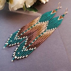 bead earrings, dark turquoise very long earrings, extra long earrings, fringe earrings, boho earring, seed bead earrings, handmade earrings