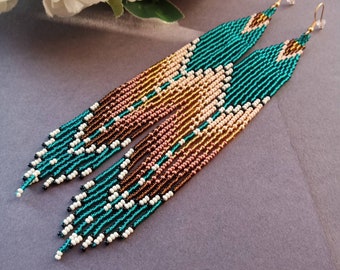 bead earrings, dark turquoise very long earrings, extra long earrings, fringe earrings, boho earring, seed bead earrings, handmade earrings