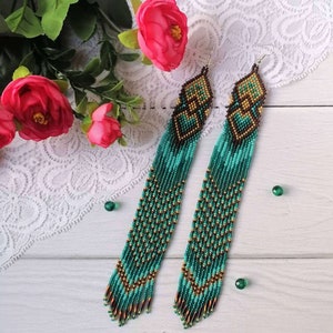 bead earrings, dark turquoise very long earrings, extra long earrings, fringe earrings, boho earring, seed bead earrings, handmade earrings