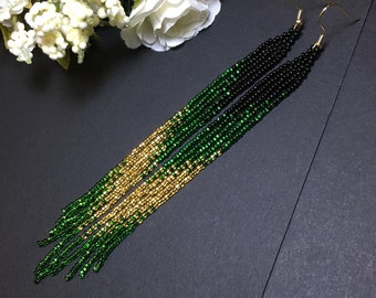 bead earrings, black green gold very long earrings,extra long earrings, fringe earrings, boho earrings, seed bead earrings, handmade earring