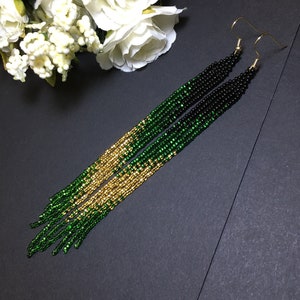 bead earrings, black green gold very long earrings,extra long earrings, fringe earrings, boho earrings, seed bead earrings, handmade earring