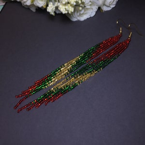 bead earrings, red gold green very long earrings, extra long earrings, fringe earrings, boho earrings, seed bead earrings, handmade earrings