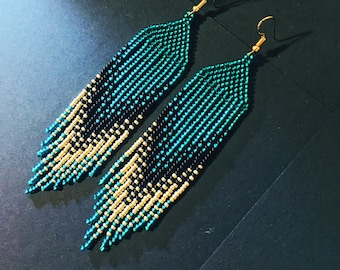 black gold turquoise green  fringe bead earrings , turquoise long bead earrings.  beaded peacock fringe earrings.