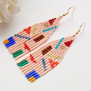 Beaded Earrings, peach colour earrings, seed beaded fringe earrings, beaded earrings handmade