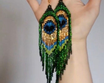 beaded earrings, earrings fringe, native beaded, peacock feather, earrings dangle,  green long earrings, seed bead earrings, handmade