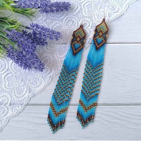 bead earrings, blue very long earrings, extra long earrings, fringe earrings, boho earrings, seed bead earrings, handmade earrings