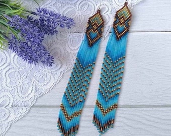 bead earrings, blue very long earrings, extra long earrings, fringe earrings, boho earrings, seed bead earrings, handmade earrings