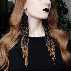 beaded earrings, black gold very long earrings, extra long earrings, fringe earrings, boho earrings, seed bead earrings, handmade earrings