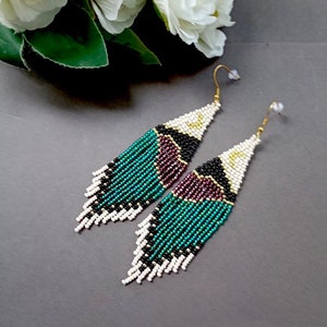 beaded earrings,  turquoise gold bead  earrings,  long earrings, fringe earrings, boho earrings, seed bead earrings, handmade earrings