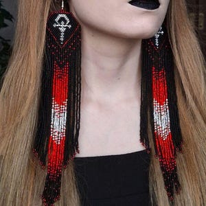 Black and Red Long Beaded Earrings, Gothic Fringe Jewelry, Handmade Seed Bead Statement