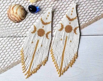 bead earrings, Earrings  Moon in Egypt, white gold long earrings, extra long earrings, fringe earrings, boho earrings, seed bead earrings