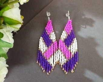 beaded earrings,  pink purple gold bead  earrings,  long earrings, fringe earrings, boho earrings, seed bead earrings, handmade earrings